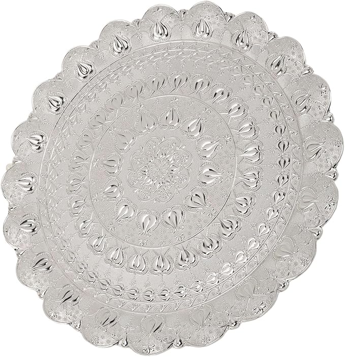 Turkish Tea Coffee Serving Tray, Vintage Style Round Coffee Plate, Embossed Pattern Metal Tray for Bar Outdoor Dresser Dessert, Multi Purpose Serving Tray for Coffee Tea Jewelry Co (Silver)