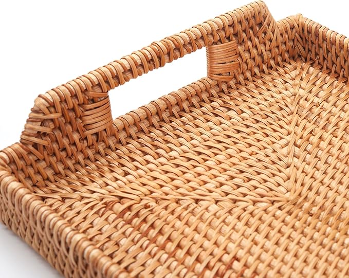 Rattan Serving Tray, Hand Woven Tray with Handles, Rectangular Wicker Basket Tray for Coffee Table Home Decor (14.5 x 10.2 x 1.4 inch)