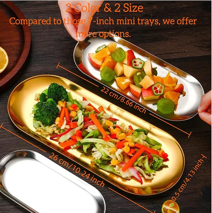 Stainless Steel Decorative Tray 2 PC, 10.2 Inch & 8.7 inch, Metal Serving Tray Jewelry Dish Cosmetics Organizer Bathroom Clutter Serving Platter Small Storage Tray, Oval（Gold & Silver）