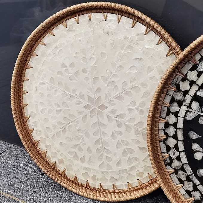 i-lan 16 Inch Rattan Round Serving Tray with Beige MOP Wooden Base, Extra Large Wicker Ottoman Serving Platter with 1”Side, Woven Basket Plates for Home Décor, Coffee Table, Display