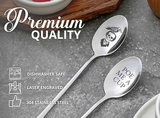 Edgar Allan Poe Gifts for Men & Women, 2 Pcs Engraved Stainless Steel Spoons, Perfect for Birthday & Christmas