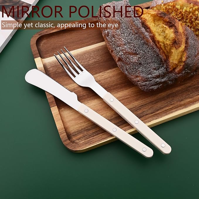 30 PCS Stainless Steel Flatware Set for 6, Silverware Set with Colored Handles, Retro Style Forks Spoons and Knives Set, Vintage Eating Utensils, Beige Acrylic Handle with Rivets Design