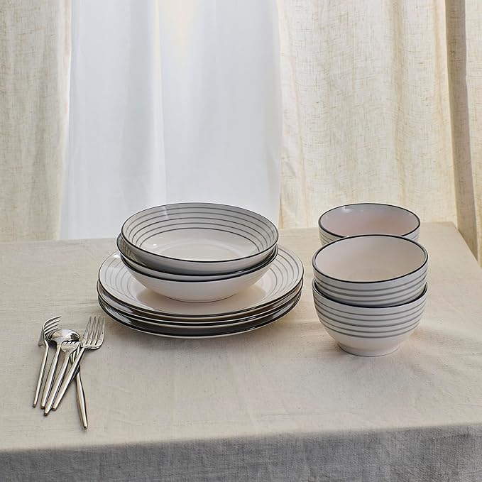 Earth & Clay Zeke 12-Piece Dinnerware Set Earthenware, Plates and Bowls Set, Dishwasher and Microwave Safe Dishes, Dish Set for 4, Grey