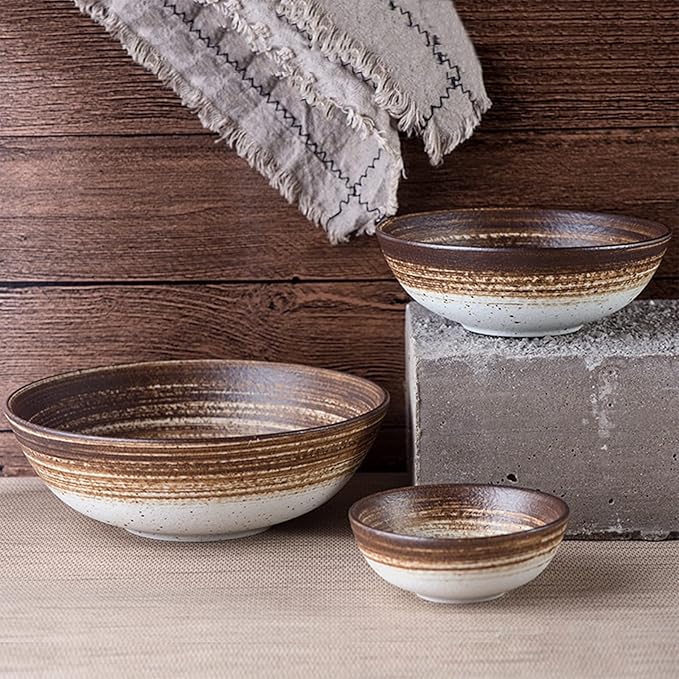 Ceramic Dinnerware Set, Dishes Set, 22 Pcs Brown Gradient Plates and Bowls Sets, Tableware Combination Set, Handpaint Spiral Texture Dinner Set with Glaze Dot, Service for 4
