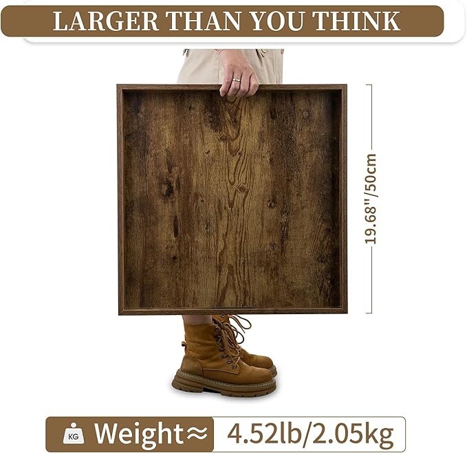 Hanobe Serving Tray for Ottoman Large: Rustic Brown Coffee Table Trays 20 Inch Square with Handles for Living Room - Farmhouse Extra Oversized Wood Decorative Topper for Kitchen Parties