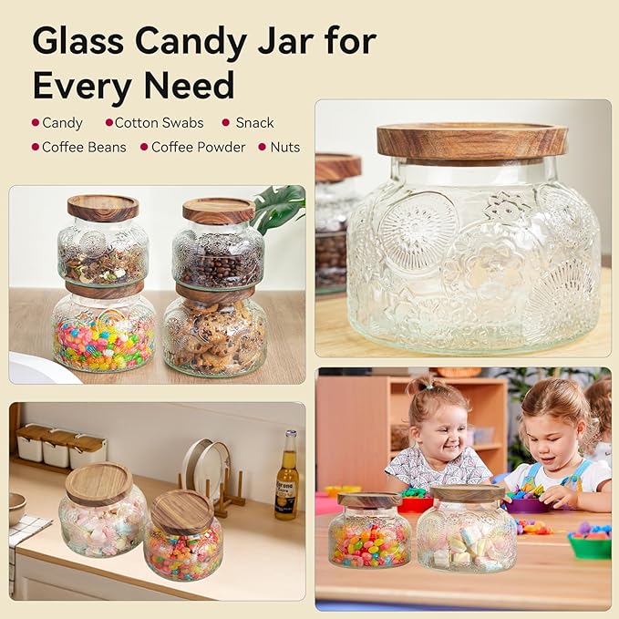40 Oz Glass Candy Jar with Wooden Lid - Vintage Airtight Food Storage Container for Kitchen Pantry Office Decor, Clear Cookies Canister Organize Coffee Sugar Tea Spice Nuts Snacks