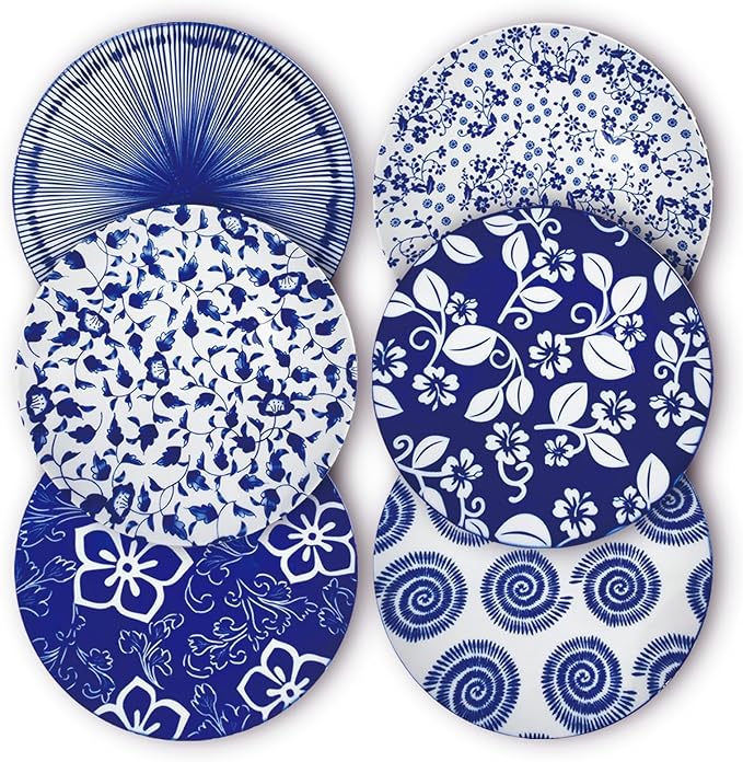 8 Inch Ceramic Dessert Salad Appetizer Pasta Steak Pancake Fruit Dinner Plates Set of 6, Premium Gift for House Warming, Birthday, Microwave/oven/Dishwasher Safe, Vintage Blue, Japanese Style