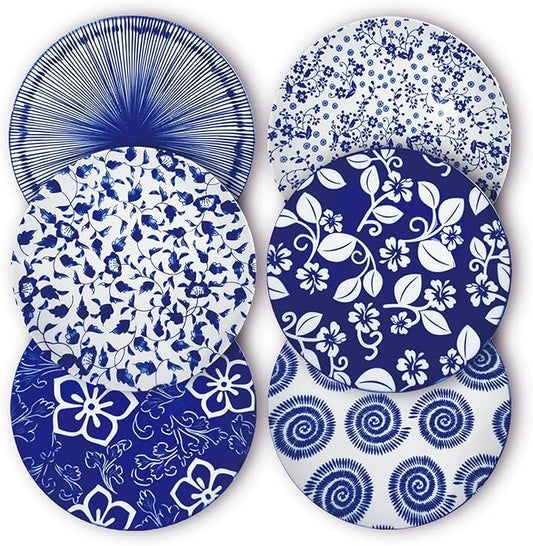 8 Inch Ceramic Dessert Salad Appetizer Pasta Steak Pancake Fruit Dinner Plates Set of 6, Premium Gift for House Warming, Birthday, Microwave/oven/Dishwasher Safe, Vintage Blue, Japanese Style