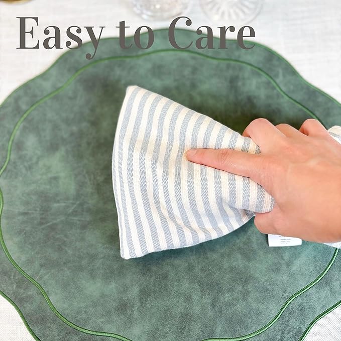 Embroidered Scalloped Faux Leather Placemats Set of 4 - Wipeable Luxury Dinner Table Mats for Dining & Kitchen Decor, Christmas, 17.25" x 15", Green