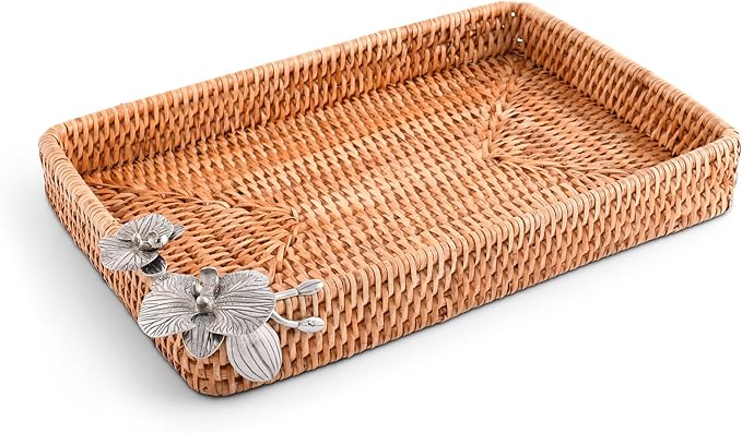 Vagabond House Handmade Wicker Tray, Small Rectangle Catchall Tray with Pewter Orchid Detail, Rattan Tray Woven Handmade Priemer Rattan Tray 12 X 9 Inches Small Designer Statement Tray