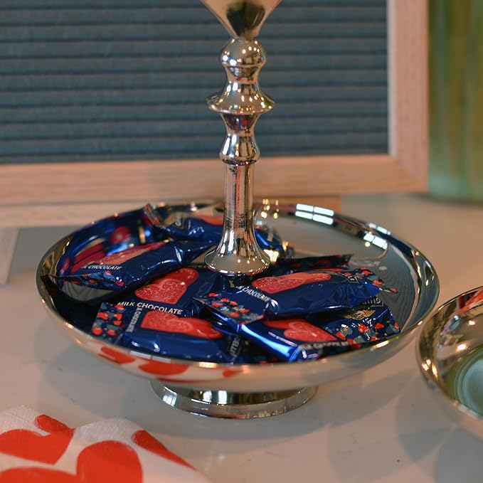 Heart Handle Serving Trays, Set of 2, Single Tier, Handmade, Gleaming Silver Metal, Circular, Pedestal Base, Aluminum, 8.25 Inches