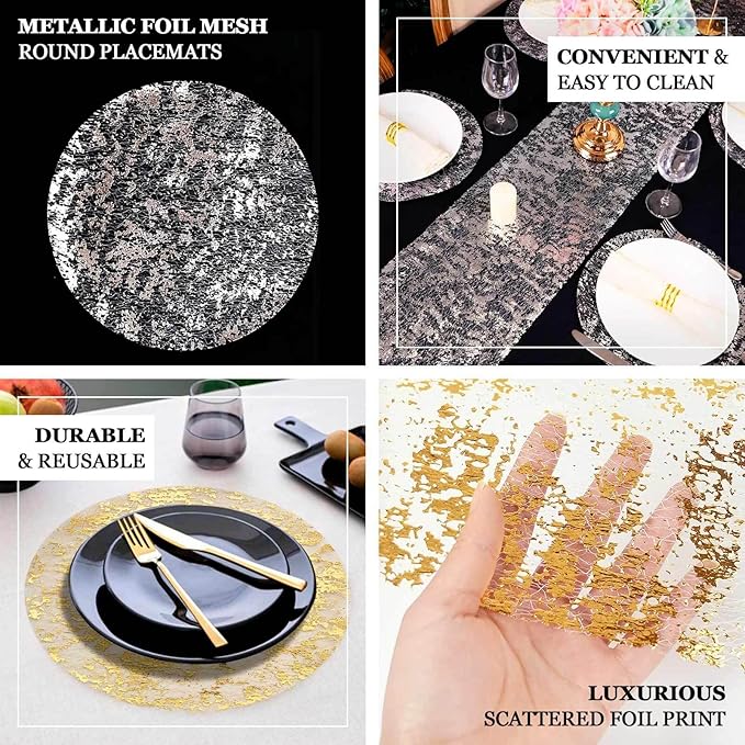20 Pack 13" Metallic Gold Foil Placemats, Round Shiny and Durable, Disposable Mesh Table Mats for Dining and Parties