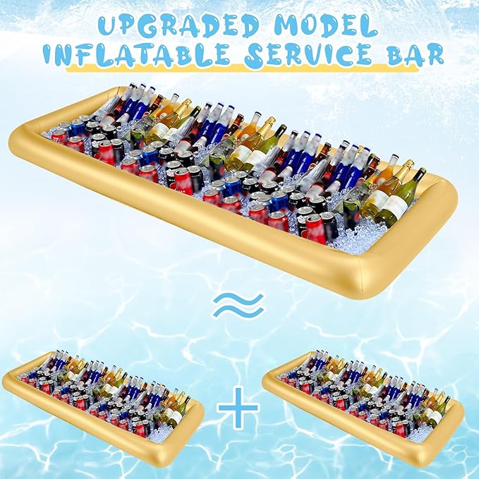 Large Inflatable Serving Bar 72 x 30 x 5'' Inflatable Ice Serving Buffet Bar with Drain Plug for Pool Outdoor Party Picnic (Gold, 2 Pack)