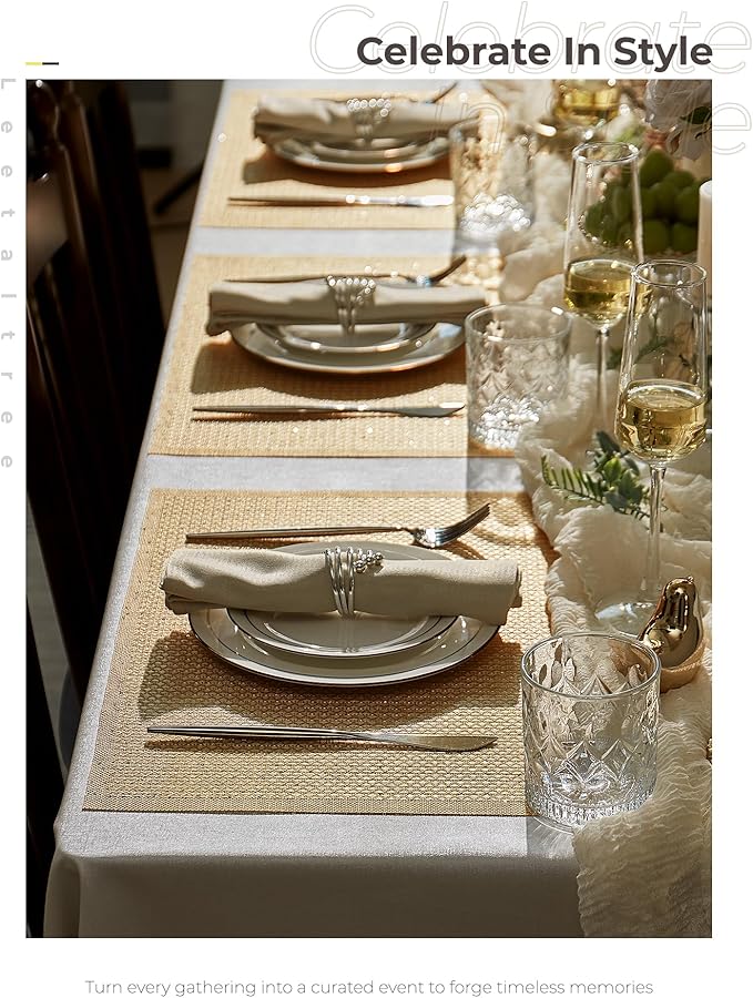 Leetaltree Sparkling Gold Sequin Woven Vinyl Placemats, Set of 8 - Waterproof & Washable Dining Table Mats for Wedding, Anniversary, Daily Use, Hand-Cut