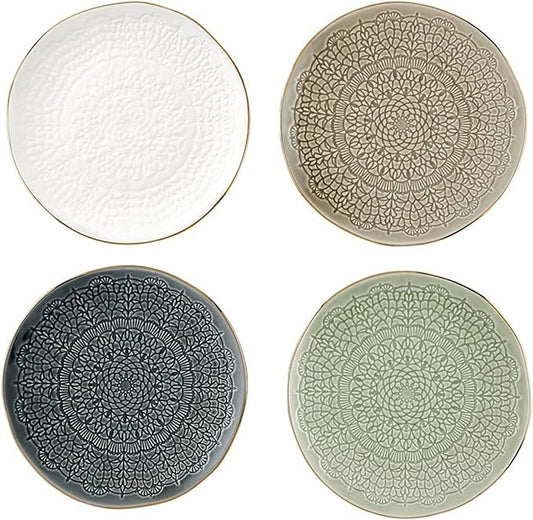 Santa Barbara Design Studio 4-Piece Appetizer Plates Set Gold Rim Stamped Ceramic Dessert Plates, 6" Diameter, Taupe/Grey/Ivory/Moss