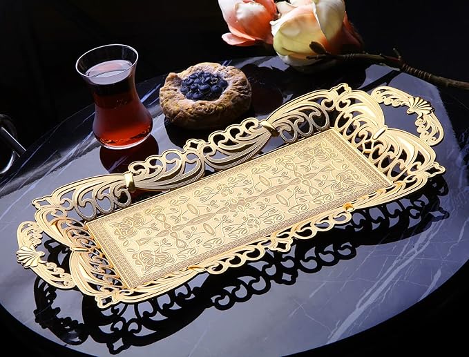 Turkish Tea Coffee Serving Tray with Handles Ottoman Decorative (Gold)