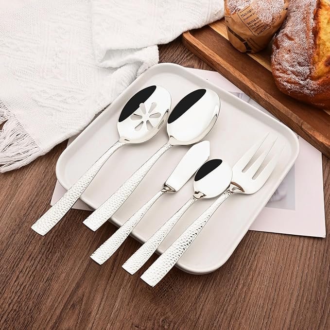 Serving Utensils Set, 5-Piece 18/8 Stainless Steel Hostess Serving Set, Elegant Hammered Serving Utensils for Home Restaurant and Buffet Catering, Heavy and Mirror Polished, Silver