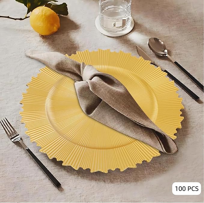 100 PCS Charger Plates Bulk, 13 Inch Plastic Round Charger Dinner Plates Jagged Edge Service Plates Decorative Chargers Bulk for Table Setting Wedding Party Event(Gold)