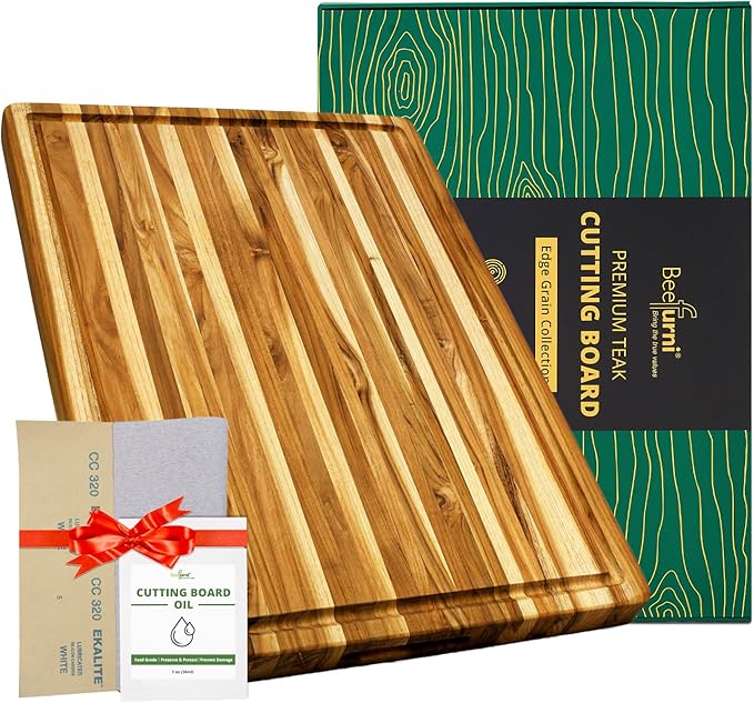 BEEFURNI Teak Wood Cutting Board with Juice Groove Hand Grip (XL, 24x18x1.5"), Extra Large Cutting Boards for Kitchen, Butcher Block, Serving & Charcuterie Board, Christmas Gift Box, 1-year Warranty