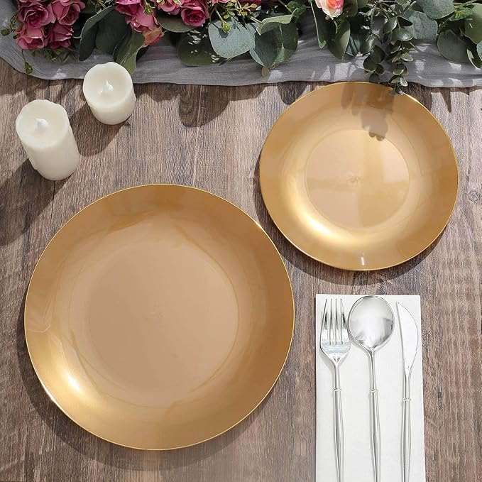 Efavormart 10 Pack | 8" Glossy Gold Round Plastic Dinner Plates With Gold Rim, Disposable Party Plates