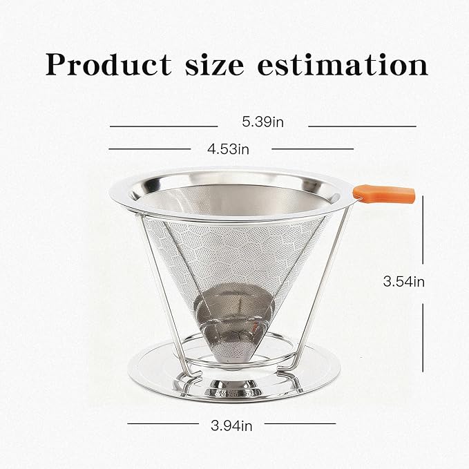 Stainless Steel Pour Over Coffee Dripper with 800 Mesh Steel Screen, Reusable Drip Coffee Pour Over Filter