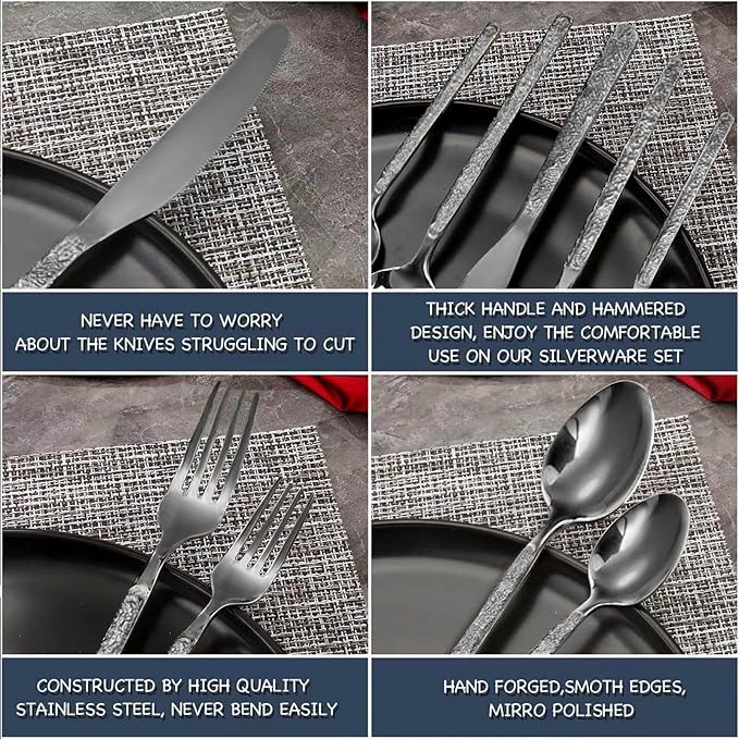 20-Piece Black Silverware Set, Hammered 18/10 Stainless Steel Flatware Set for 4, Food-Grade Cutlery Set, Tableware Set Including Fork Knife Spoon Set,Dishwasher Safe
