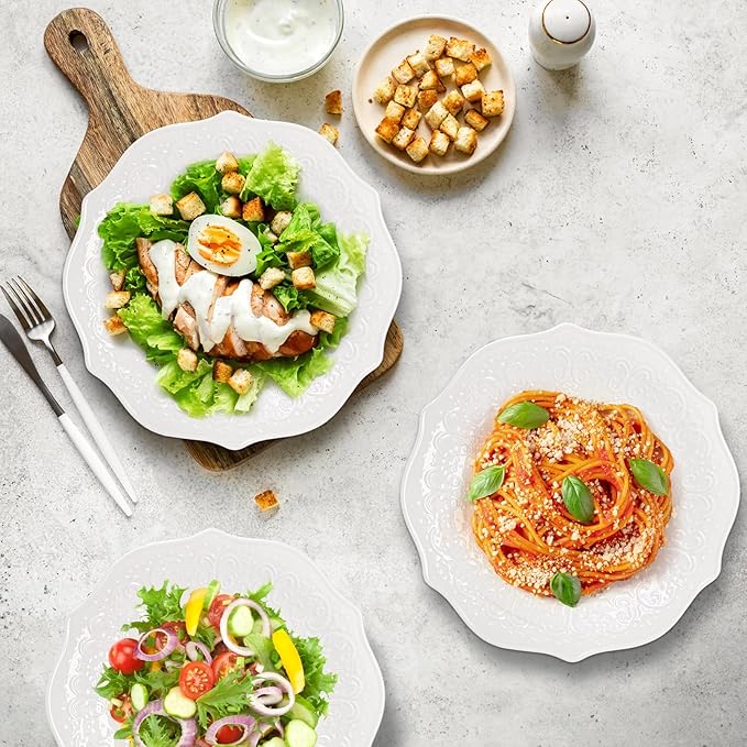 SOUJOY Set of 6 Porcelain Dinner Plate, 10'' Embossed Salad Plates, White Dessert Serving Plates for Steak Appetizer, Kitchen Plates for Restaurant, Family Party, Dishwasher Microwave Safe