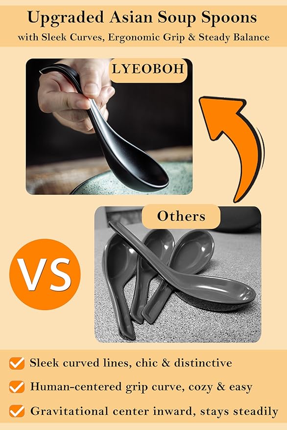 LYEOBOH Soup Spoons, Ceramic Soup Spoon Set of 6-6.5 inch Tablespoons, Dishwasher & Microwave Safe, Chinese Spoons with Deep Hook Design, Black