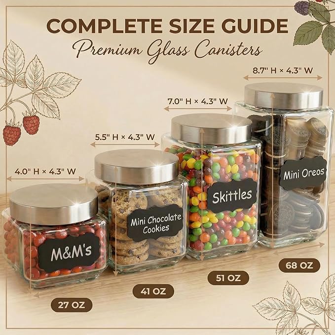 Canisters Set For The Kitchen,Glass storage jars,4Pcs Glass Storage Containers With Lids,For Kitchen Canning Flour, Cereal,Sugar,Candy,Pasta