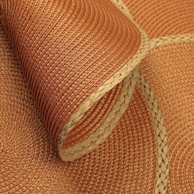 Noctiflorous Round Placemats Set of 4, 15 Inch Braided Hand Woven Table Mats, Heat Resistant Non-Slip Wipeable Thin Edge Place Mats for Kitchen Dining Indoor Outdoor Use(Orange, 4)