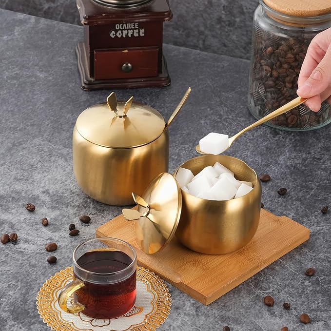 12oz Sugar Bowl with Lid and Spoon Stainless Steel Condiment Container for Kitchen Ghee Container Coffee Table Gold Spice Jars for Seasoning