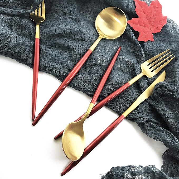 Silverware Set, Hand polished Matte Gold Red Flatware Cutlery Set Service for 4, Satin Finish 20 Pieces 18/10 Stainless Steel Utensils Set for Home and Restaurant, Dishwasher Safe