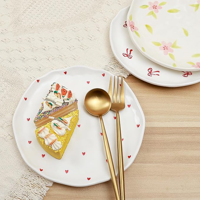 Koythin Floral Ceramic Dinner Plates, 8" Microwave Safe Dishes for Pasta, Modern Rustic Appetizer Plate for Salad Fruits Dessert Cake (Retro Pink Flower)