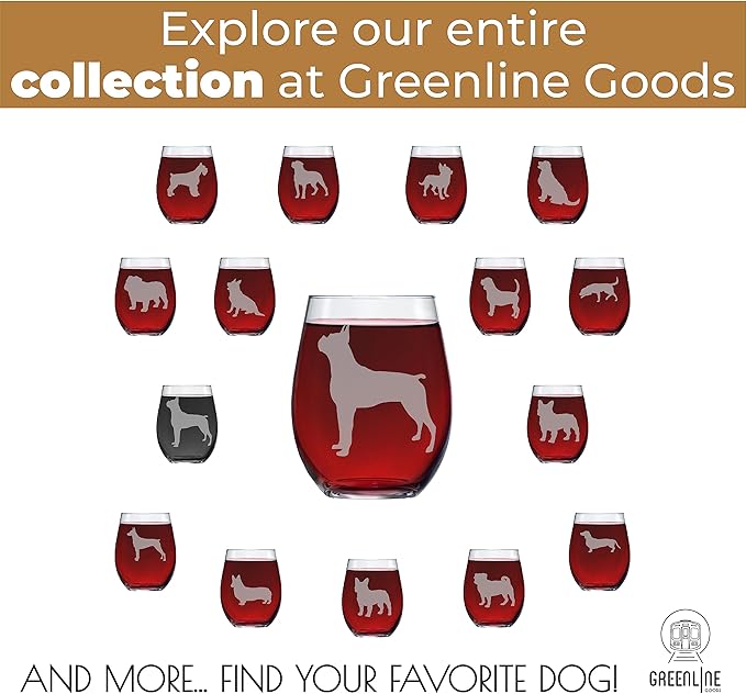 Boxer Stemless Wine Glasses (Set of 2) - Unique Gift for Dog Lovers - Hand Etched with Breed Name on Bottom