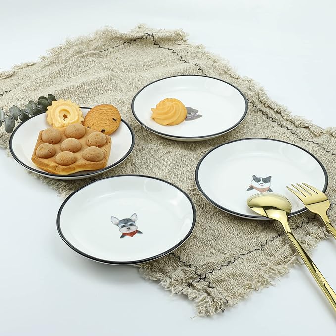 SOCOSY Cute Retro Style Smiling Dogs Ceramic Seasoning Dishes Sauce Dish Sushi Dipping Bowl Appetizer Plates Tea Bag Holder Serving Dish for Kitchen, 5 Inch, Set of 4