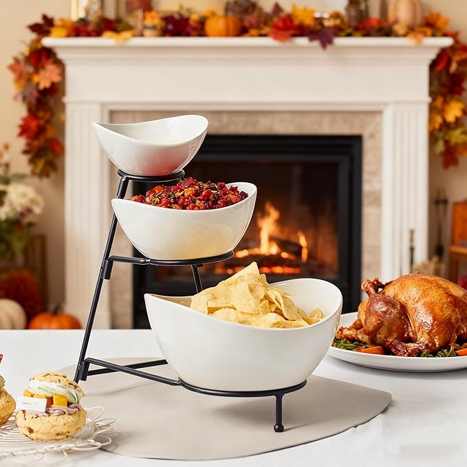 Gomakren 3 Tiered Oval Serving Bowl With Collapsible Metal Rack, Chip and Dip Serving Set, Dessert Appetizer, Candy, Fruit, Vegetable Bowl Set, Christmas Serving Bowls For Entertaining (Black Stand)