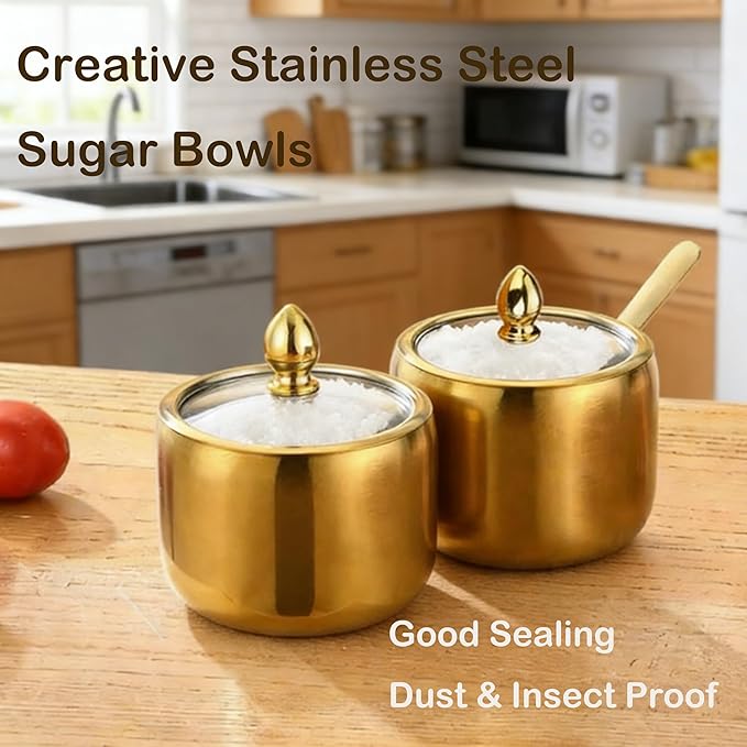 10oz Sugar Bowl 2-Pack with Lid|Gold coffee bar sugar container, includes 2 stainless steel canisters with clear lids. This perfect for kitchen countertop, seasoning storage, and stylish home decor.
