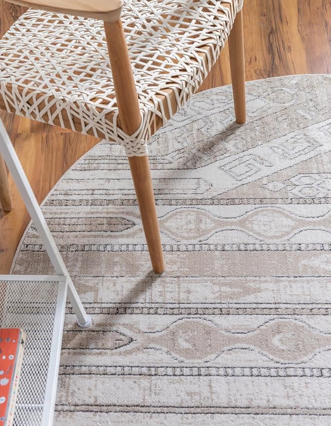 Rugs.com Oregon Collection Rug – 4 Ft Round Ivory Low-Pile Rug Perfect for Kitchens, Dining Rooms