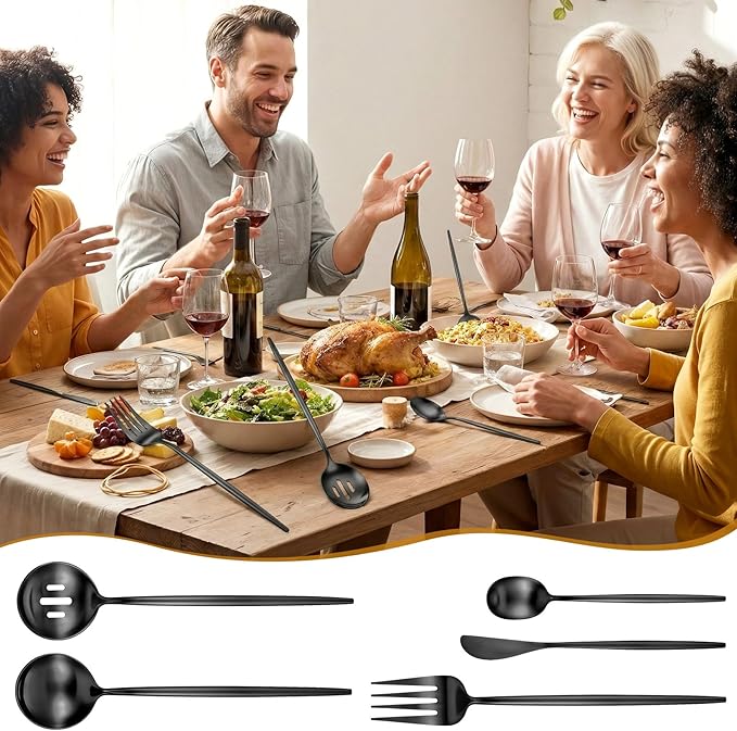 5 Pcs Black Stainless Steel Serving Utensils Set 10 Inch Black Serving Flatware Set, Includes Serving Fork, Slotted Spoon, Sugar Spoon, Butter Knife for Buffet, Wedding, Party