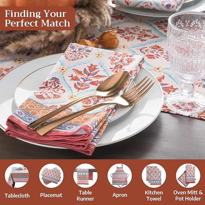 Maison d' Hermine Cloth Napkins Set of 4 100% Cotton for Thanksgiving Christmas Decorations Everyday Reusable Square Fall Napkins Cloth Washable Dinner Party (Romane, 20"x20")