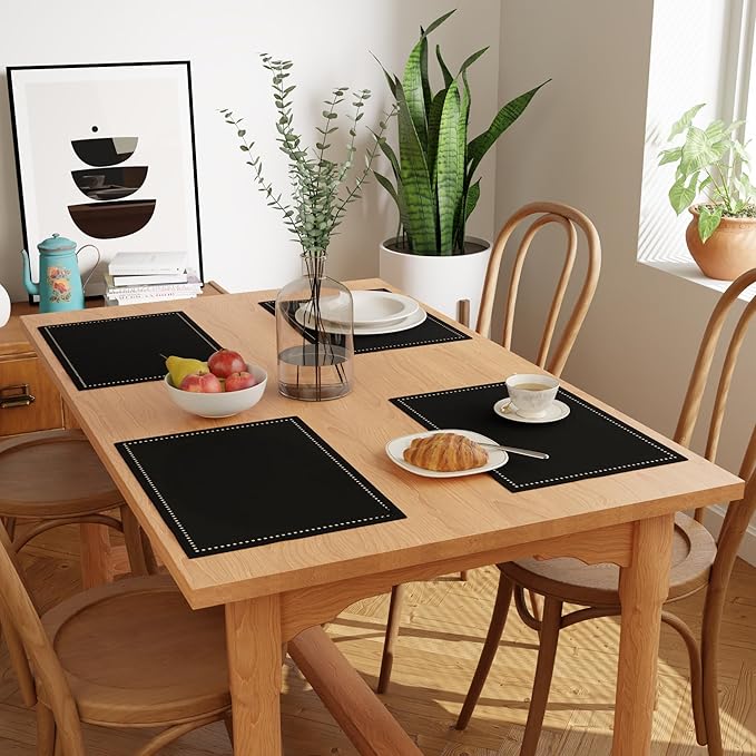 Encasa XO Placemats Set of 4 | Cotton Hemstitched Design | Black | Rectangular 19"x13" - Dining Table Mat | for Dining Table Fall Decoration, Holiday & Christmas Festivals - Machine Washable