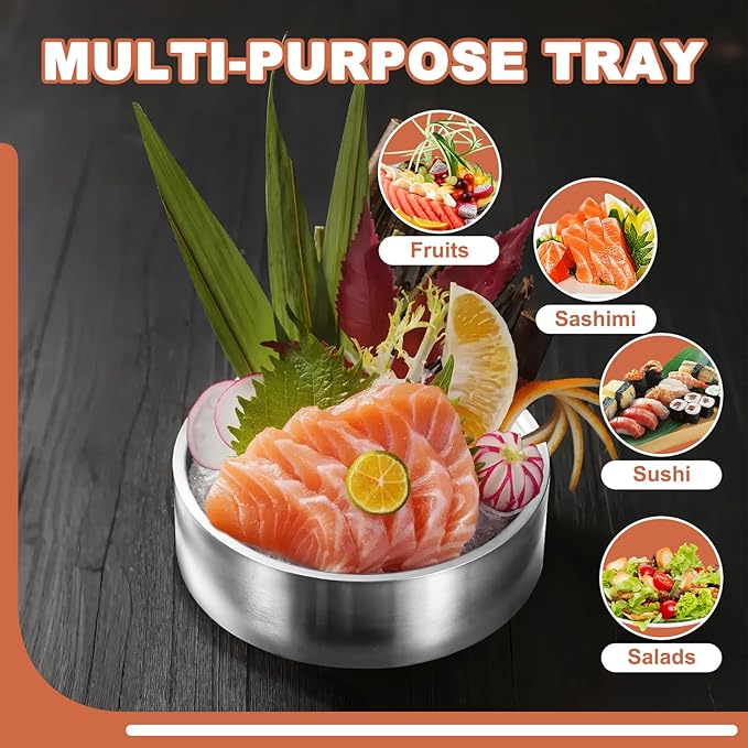8.4" 304 Stainless Steel Cold Chilled Serving Tray with Ice Chamber, Silver Shrimp Cocktail Serving Dish, Appetizer Cooling Chilled Party Platter with Ice Underneath for Party Buffets (22cm)