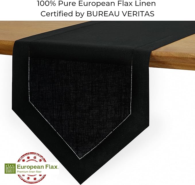 D'Moksha Homes Black Linen Table Runner 60 Inches Long - 100% Pure Linen Diamond Table Runner 14 x 60 Inch for Dining, Winter, Christmas, Holiday, New Year - Machine Washable