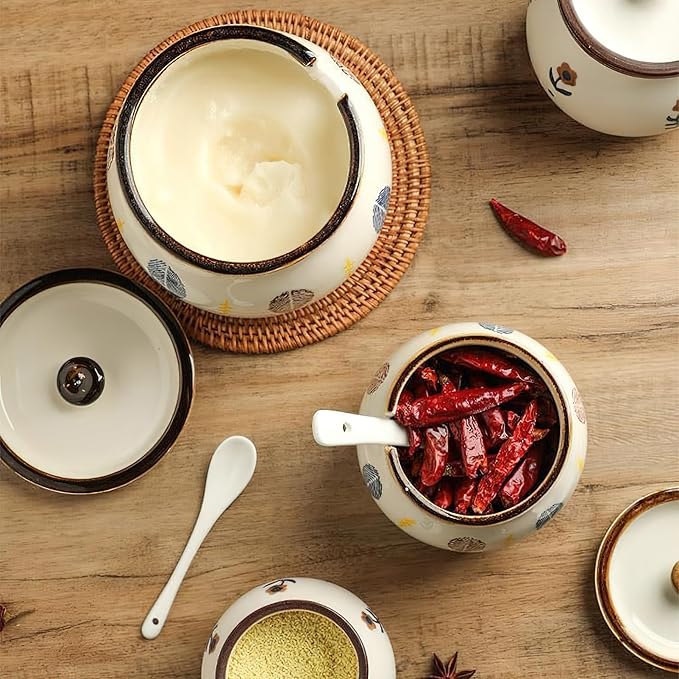 Ceramic Salt and Sugar Bowl, Porcelain Condiment Jars with Lid and Spoon, Seasoning Spice Pot Bowl, Salt Sugar Pepper Storage Jar, 600ml, Leaves