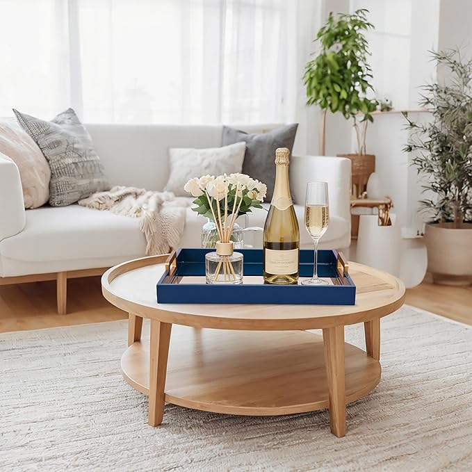 Navy Blue Coffee Table Tray, Decorative Serving Tray, Rustic Wood - Coffee Table Decor with Gold Handles, Rectangle for Home Decor