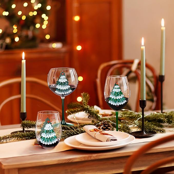 Joeyan Christmas Crystal Red and White Wine Glasses,Hand Painted Glass Goblet Drinking Glasses,Green Xmas Tree and Snowflakes Patterned Glass Tumbler Cups with Stem,Gift for Men Women,19.5 oz,Set of 2