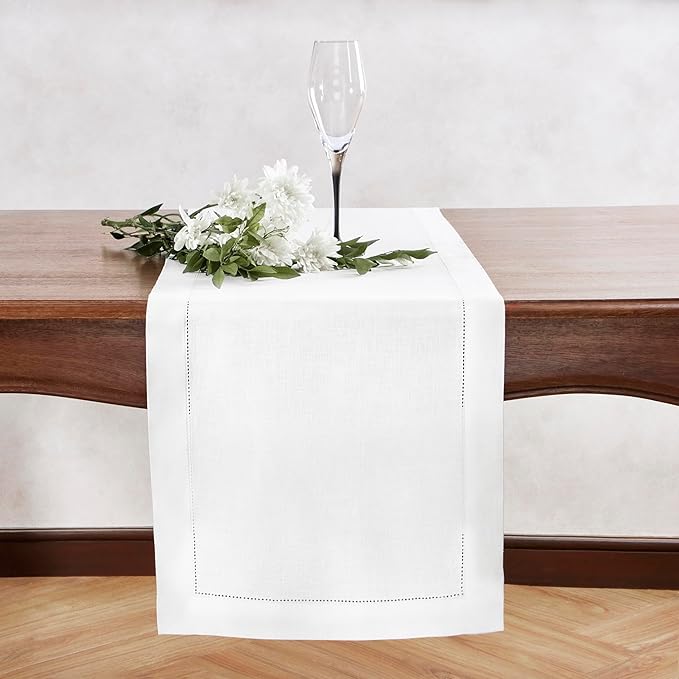 Home Ekaa Linen Table Runner 90 inches Long – Medium Weight Hemstitch 100% Pure Linen Off White Dining Table Runner 14 x 90 Inch for Spring, Summer, Wedding Decorations, Gift – Azure