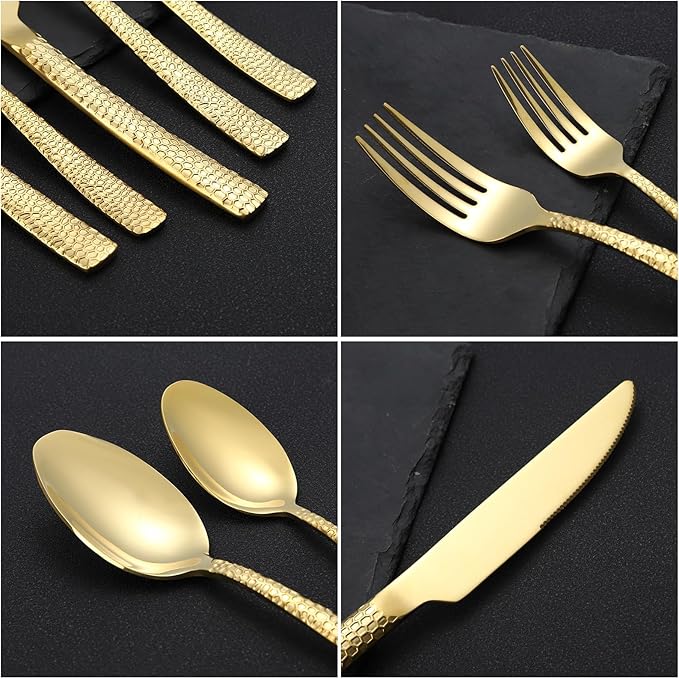 30-Piece Gold Silverware Set, Heavy Duty Hammered 18/10 Stainless Steel Flatware Set for 6, Food-Grade Cutlery Set, Tableware Set Including Fork Knife Spoon Set,Dishwasher Safe