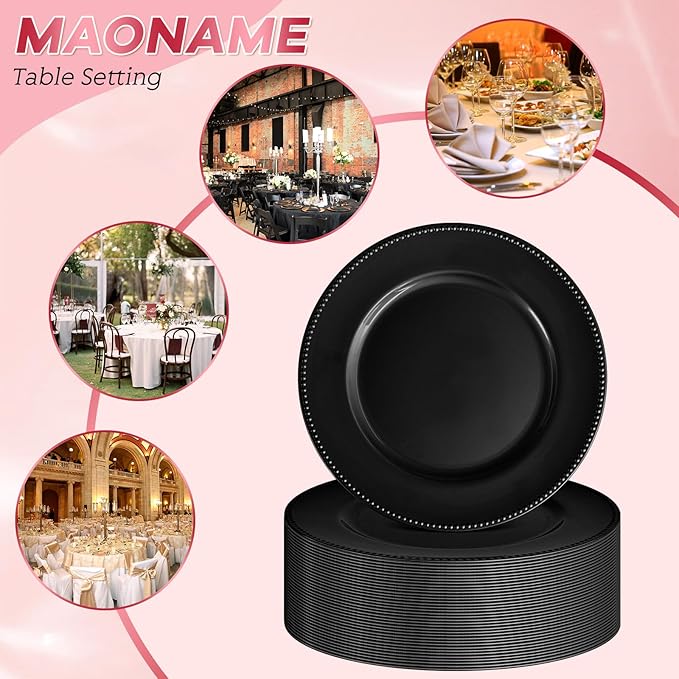 36 Pcs Black Charger Plates Round Charger Plates13 Inch Bulk Wedding Dinner Elegant Reusable Plastic Chargers Plates Wedding Holiday Party Baby Shower Event Decoration (Black)