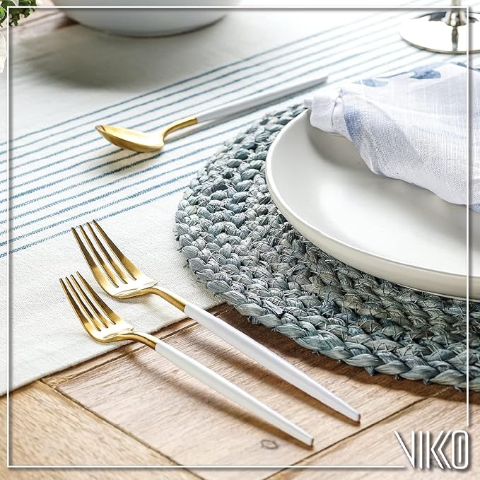 Vikko Decor Modern Flatware Set: Matte White and Gold Silverware Set, 18/10 Stainless Steel, Fancy Long Handled Cutlery, Two Toned Silverware for Upscale Dining, 20 Pc Set, Service for Four(4)